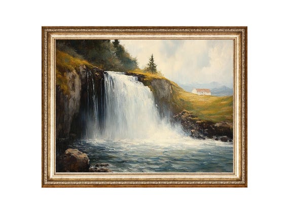 Waterfall In Nordic Countryside With Mountain Views Icelandic Landscape Vintage Oil Painting Cottagecore Wall Art Prints