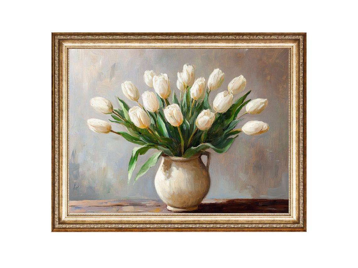 Tulips White Flowers Flower Art Oil Painting Cottage Core Art Best Gifts Vintage Painting Wall Art Prints