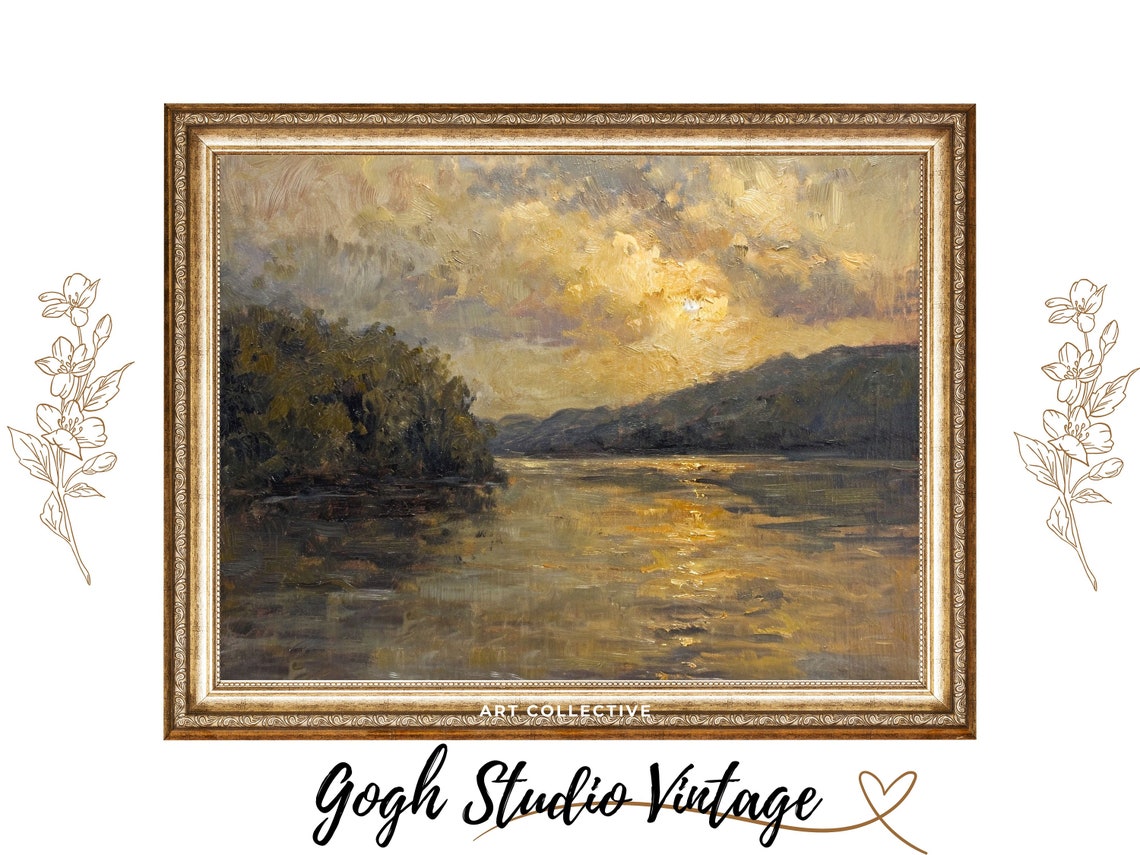 Sunset Lake Painting Nature Wall Art Country Farmhouse Vintage Antique Oil Painting Artwork Frame Tv