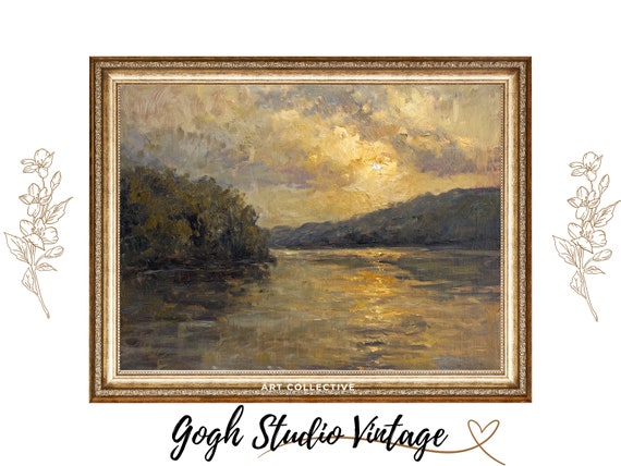 Sunset Lake Painting Nature Wall Art Country Farmhouse Vintage Antique Oil Painting Artwork Frame Tv