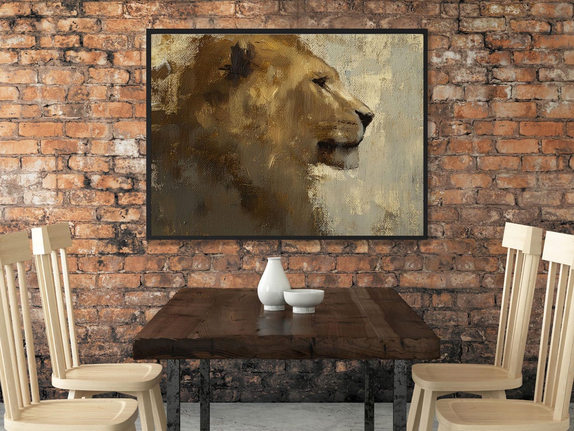 Vintage Abstract Lion Wildlife Oil Painting Art Print - Image 2