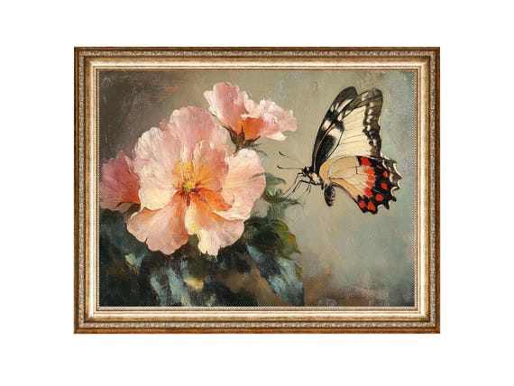 Butterfly And Flowers Botanical Art Print Nature Wall Decor Vintage Oil Painting Cottagecore Wall Art Wall Art Prints