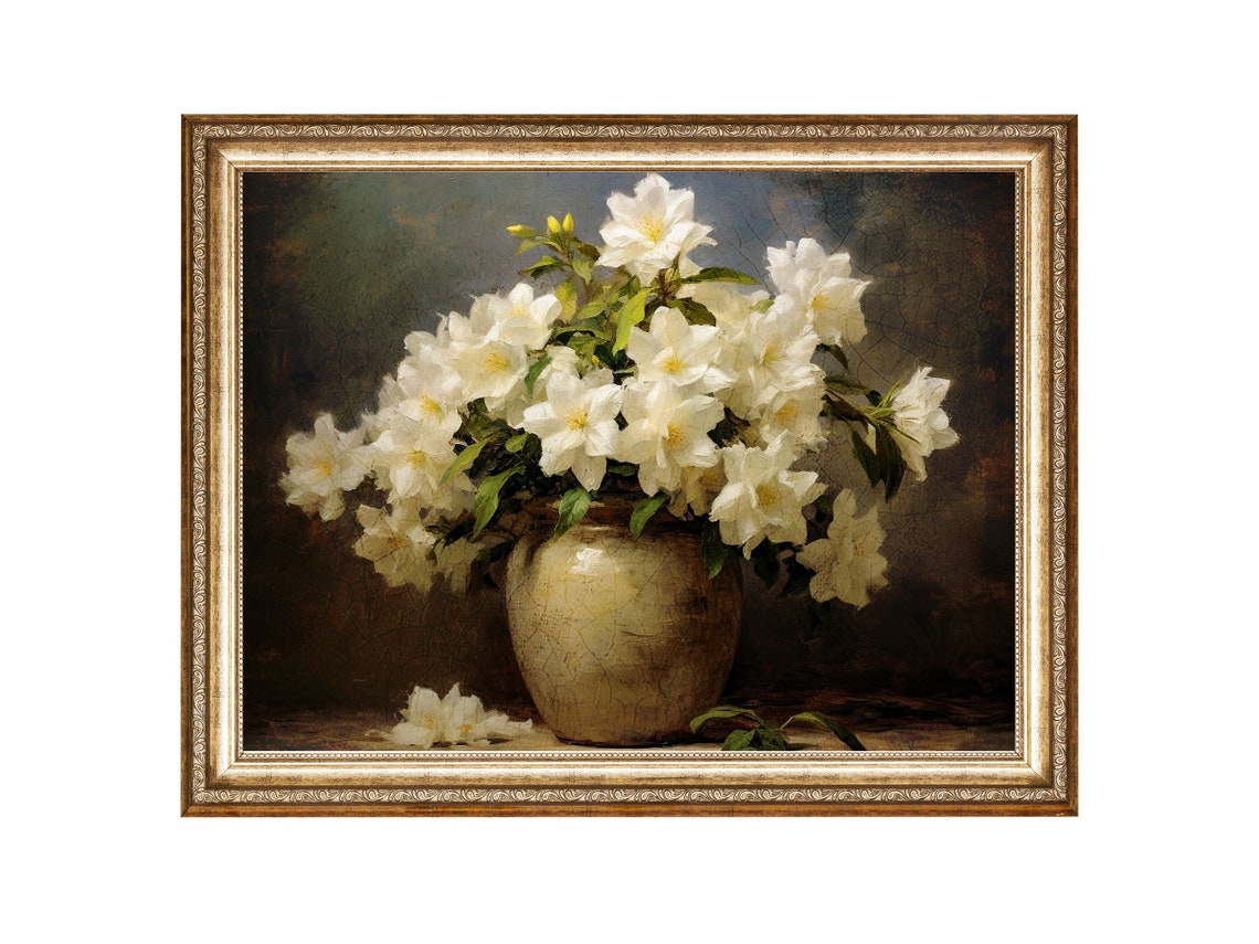 Floral Oil Painting White Azalea Flowers In A Vase Farmhouse Wall Art Oil Painting Vintage Prints Large Wall Art