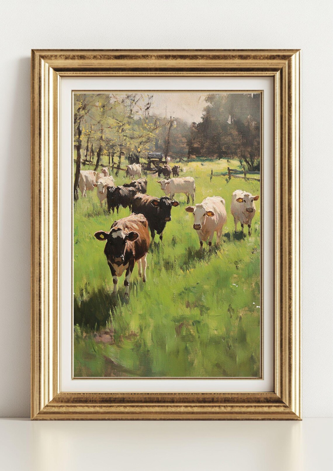 Cows In Spring Farm Landscape, Vintage Oil Painting - Image 2