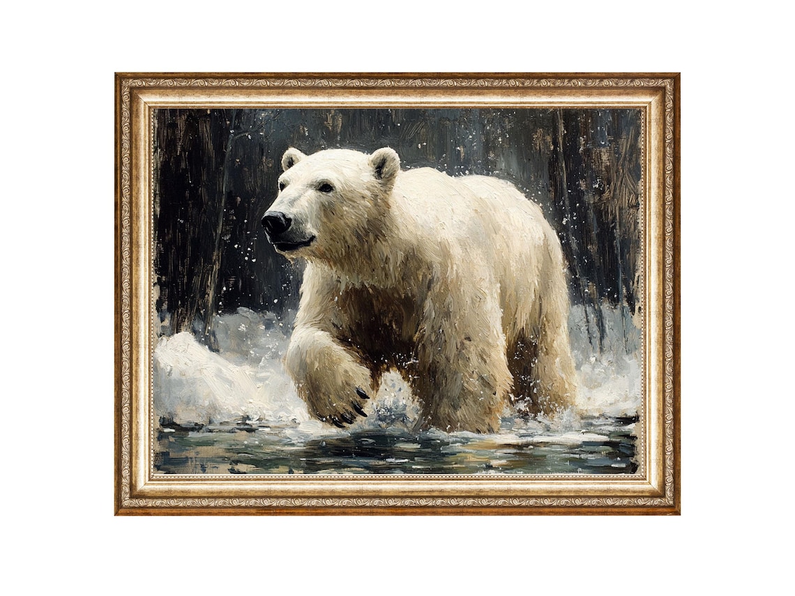 Polar Bear in Icy Water Dark Forest Oil Painting Arctic Poster