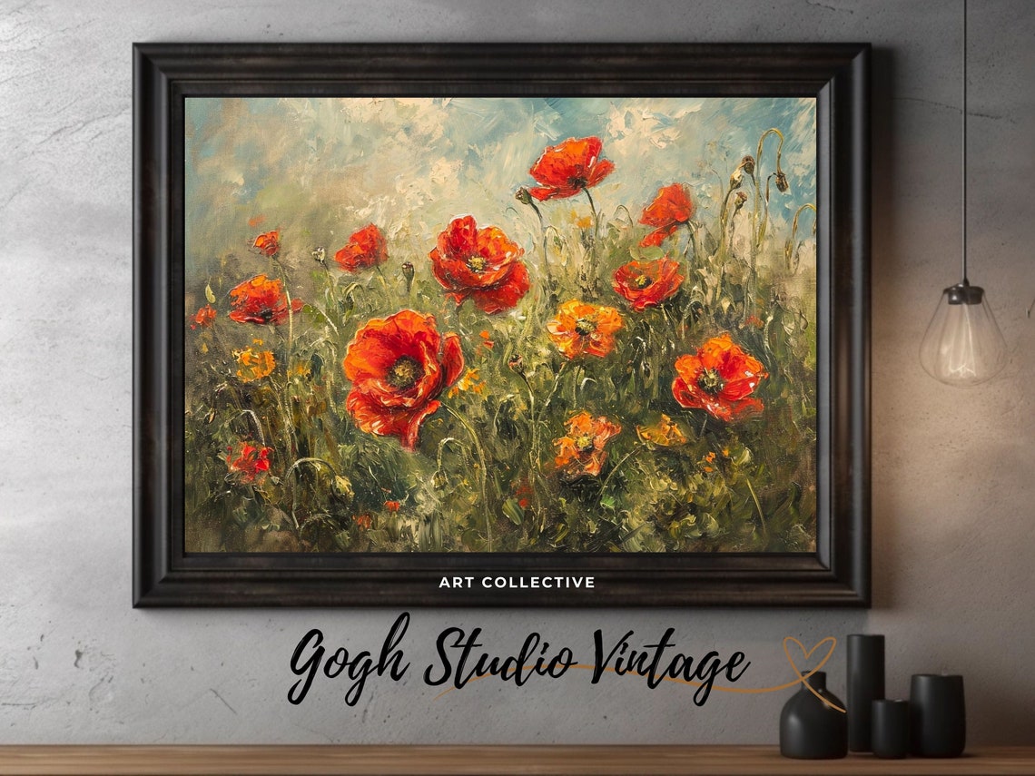 Red Poppies Flower Field, Vintage Oil Painting Art Print - Image 2
