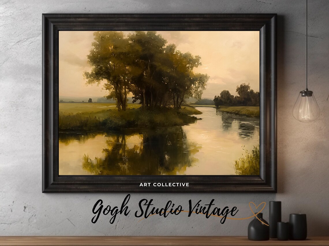 River Landscape Vintage Antique Oil Painting Art Print - Image 2