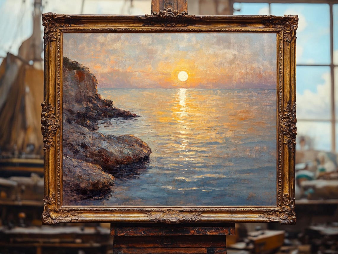 Sunset Seascape Painting Coastal Cliff Ocean Art Oil Painting Cottage Core Art Best Gifts Vintage Painting Prints - Image 2