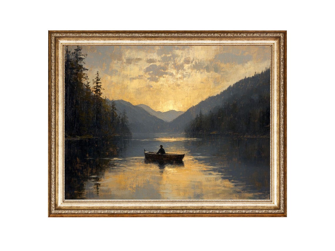 Fisherman Art Sunset Lake Painting Boat Wall Art Fishing Gifts Oil Painting Cottage Core Art Best Gifts Vintage Painting Prints