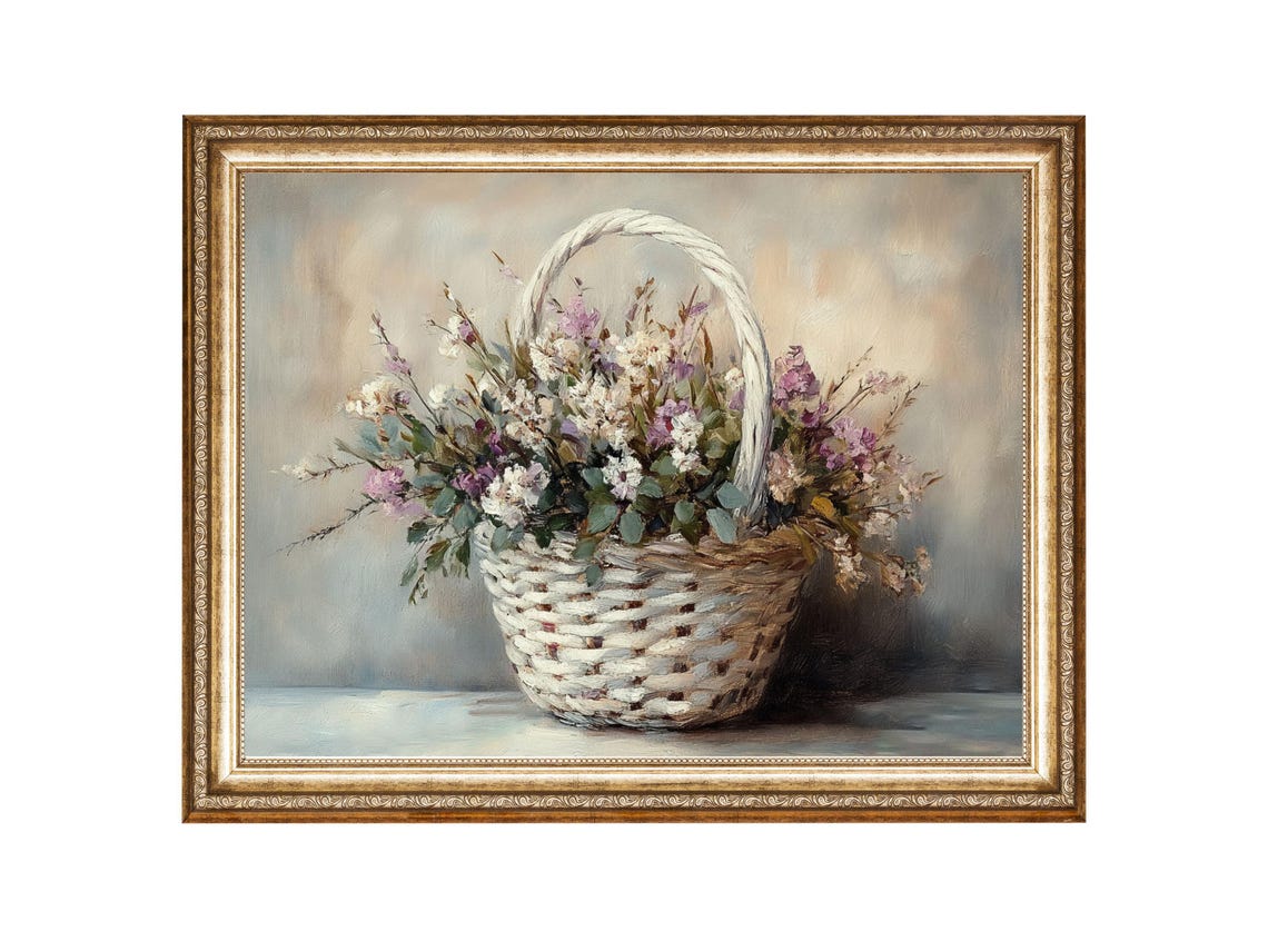 Vintage Floral Basket Oil Painting Art Print