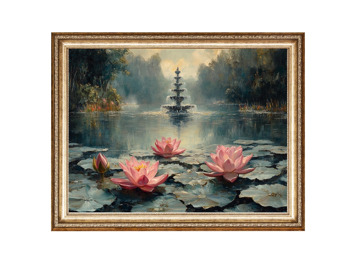 Water Lilies Pond Fountain, Vintage Oil Painting