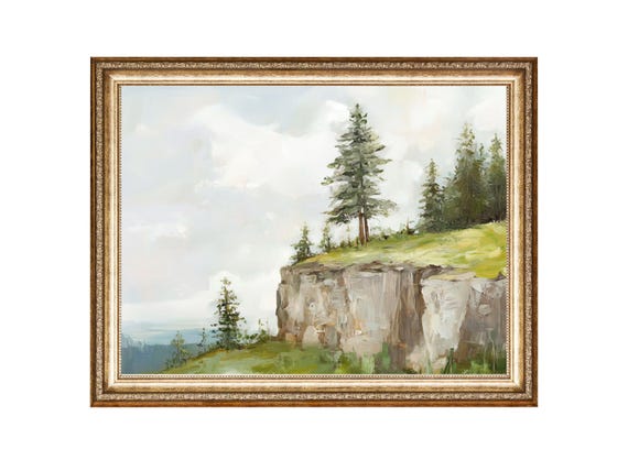 Mountain Landscape With Pine Trees On A Cliff Oil Painting Cottage Core Art Vintage Painting Prints
