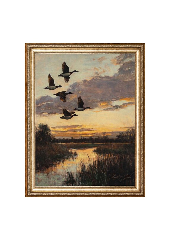 Flying Ducks Over Sunset, Vintage Wildlife Art Print
