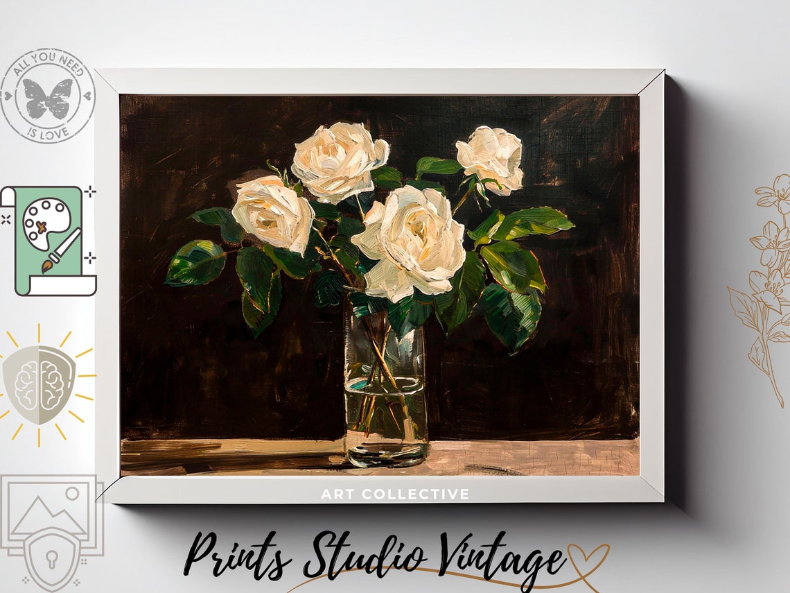 White Roses Floral Oil Painting Flower Bouquet Flower Print Vintage Flower Dark Cottagecore Flower Wall Art Vase Of Flowers - Image 3