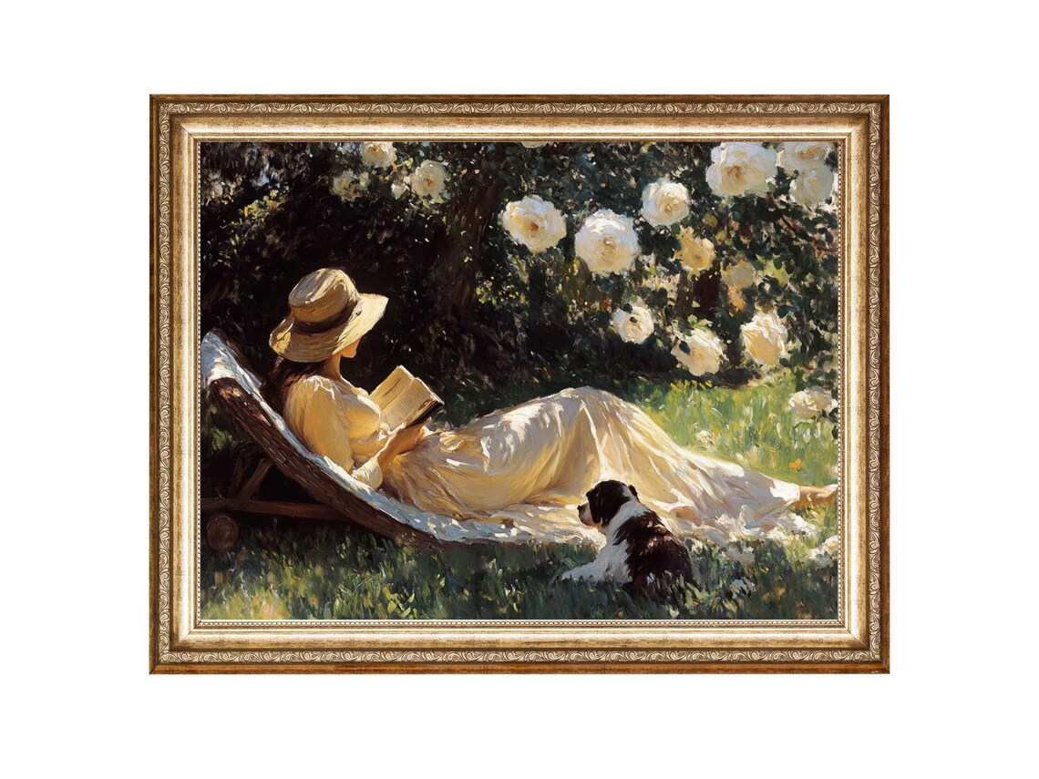 Woman Reading in Garden, Cottage Core Oil Painting Art Print