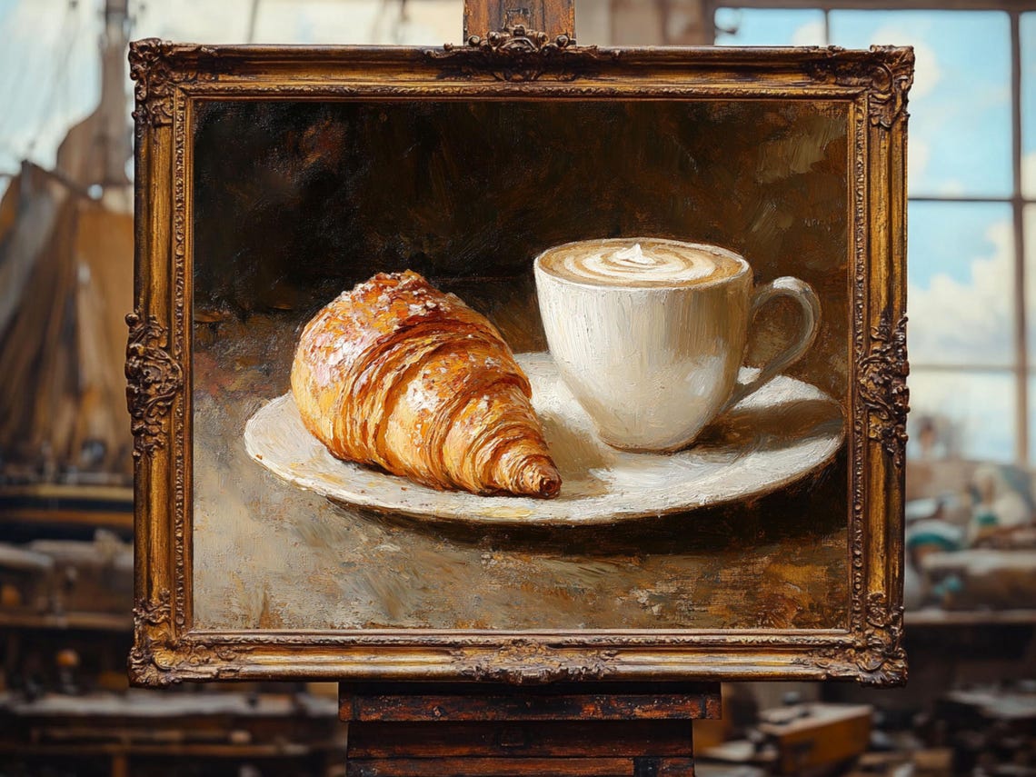 French Croissant And Coffee Vintage Still Life Art Print - Image 2