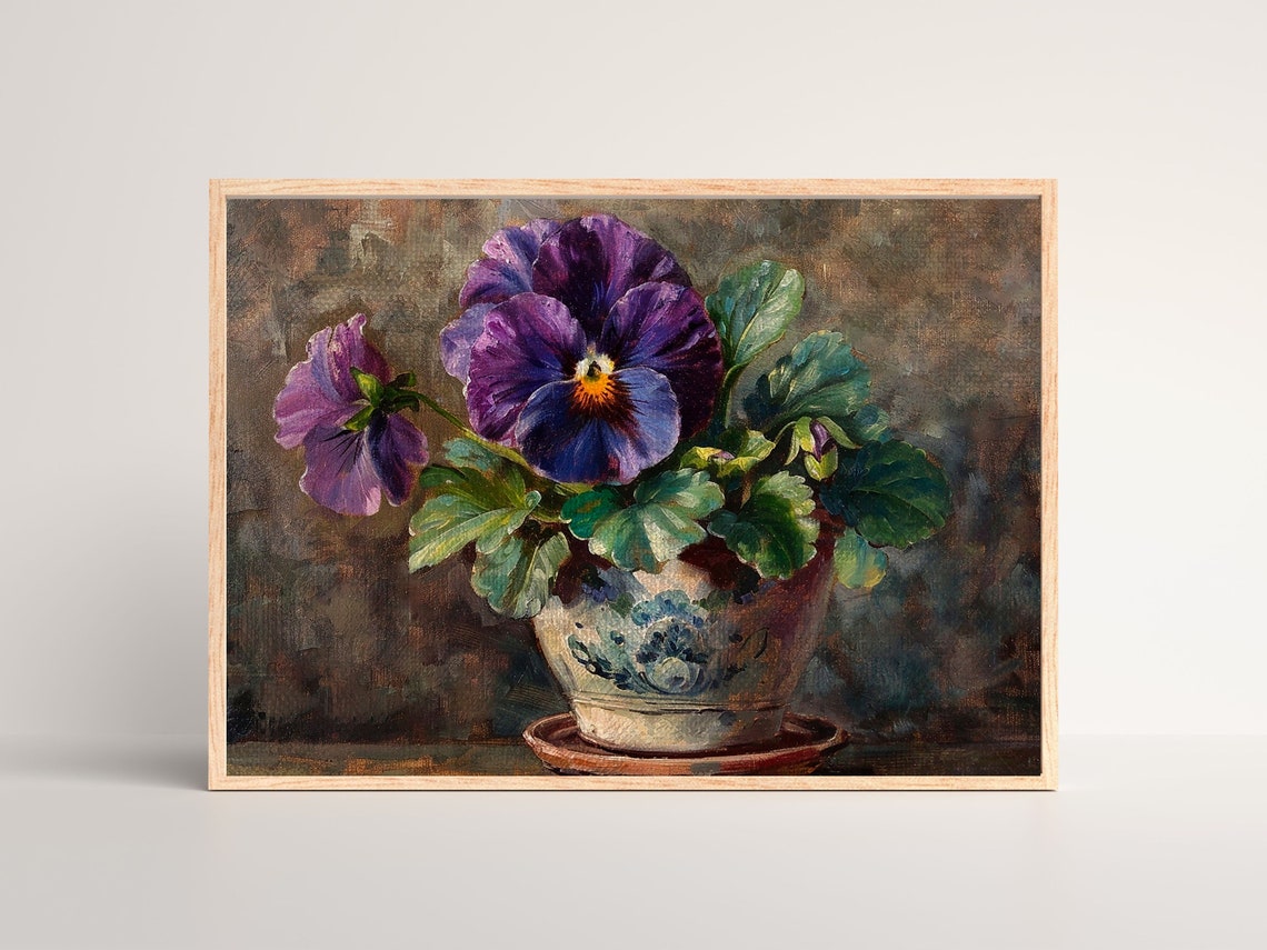 Pansy Flower Pot Vintage Floral Wall Art Print - Image 3