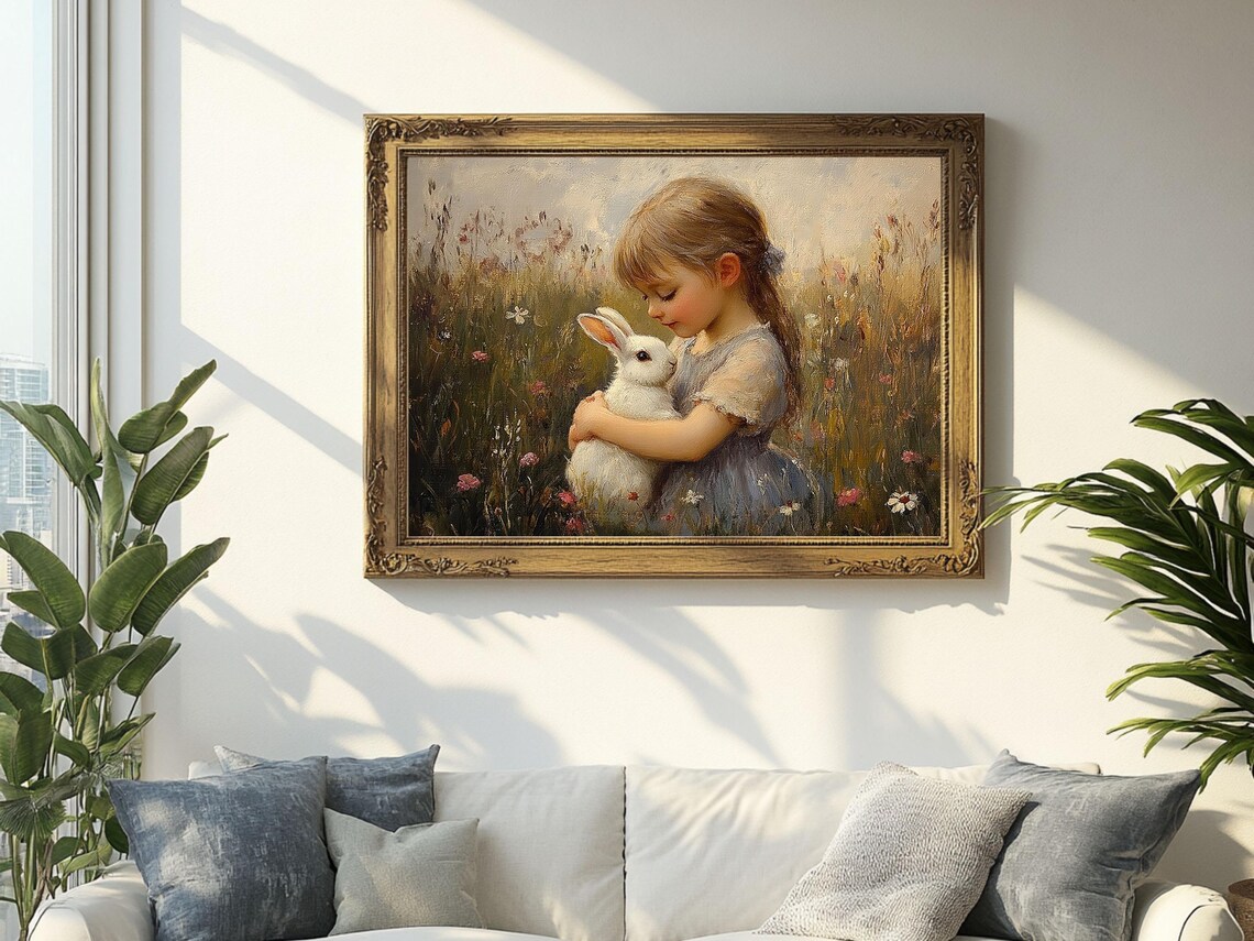 Girl Holding White Bunny In Wildflower Meadow Painting Poster - Image 2