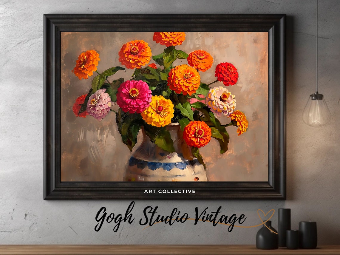 Flower Still Life Zinnia Oil Painting Floral Still Life Flowers In Vase Antique Moody Oil Art - Image 2