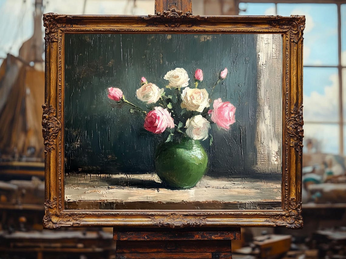 Flowers In Vase Pink And White Roses Painting Vintage Floral Oil Painting Cottage Core Art Best Gifts Wall Art Prints - Image 2
