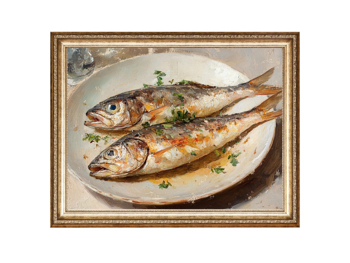 Food Art Fish Painting Nautical Art Oil Painting Cottage Core Art Best Gifts Vintage Painting Wall Art Prints