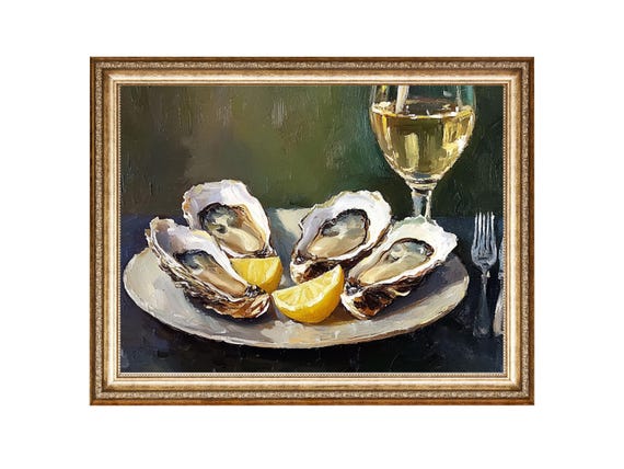 Oysters, Lemon and White Wine Still Life Art Print