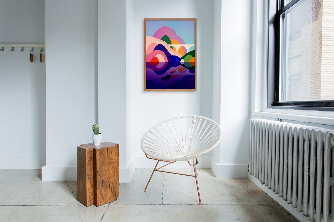 Colorful Abstract Bridge Over River Sunset Reflection Landscape Poster - Image 2