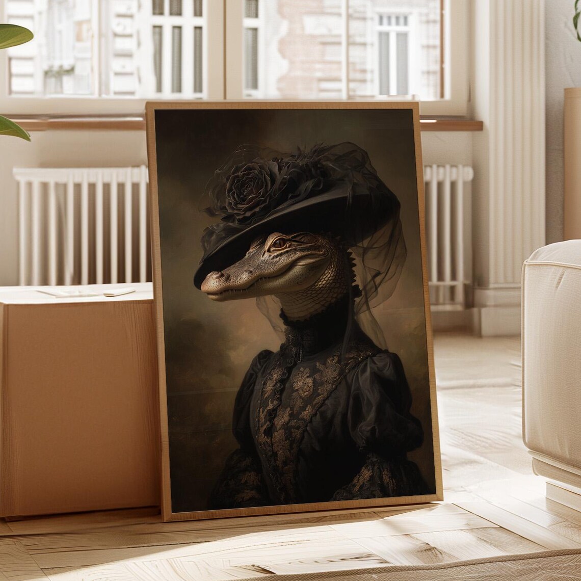 Victorian Alligator Portrait In Black Lace Gown And Veil Art Poster