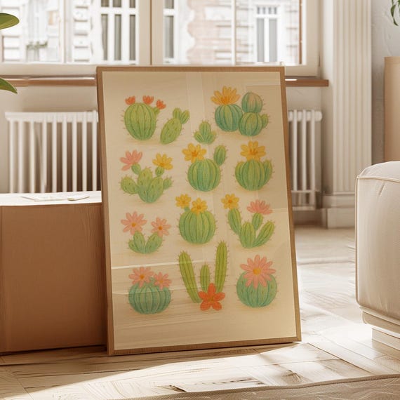 Soft Pastel Cactus Art Print Cute Southwestern Cacti Illustration With Flowers Boho Desert Decor For Kids Room Or Nursery