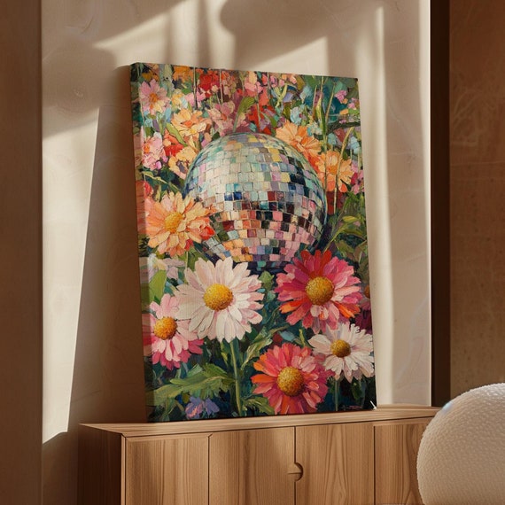 Colorful Disco Ball And Floral Garden Vibrant Retro Inspired Wall Art Bold Abstract Painting For Unique Modern Decor