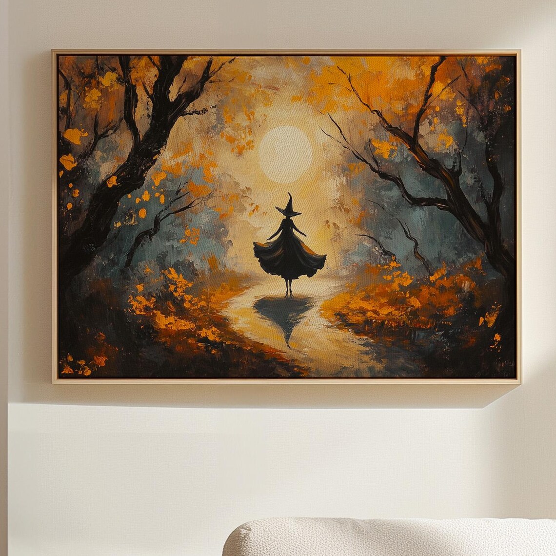 Golden Orange Autumn Forest Witch Under Full Moon Silhouette Art Print