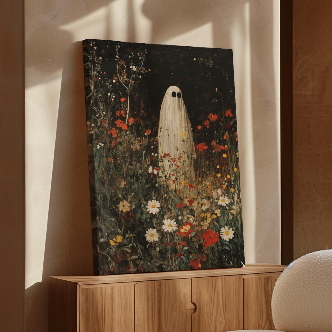 Cute Sheet Ghost Standing in a Dark Wildflower Meadow at Night Poster