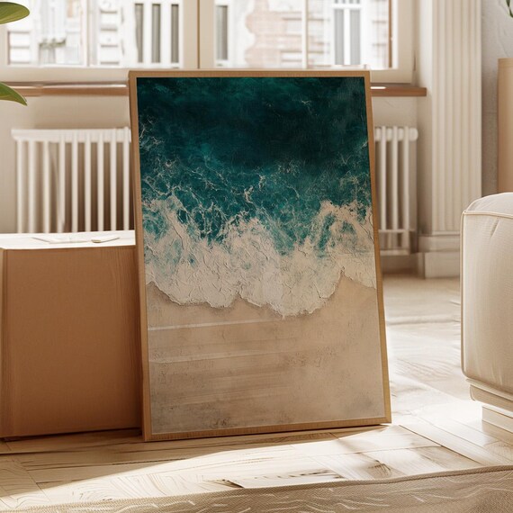 Aerial Ocean Wave Art Textured Teal Surf and Sandy Beach Modern Poster