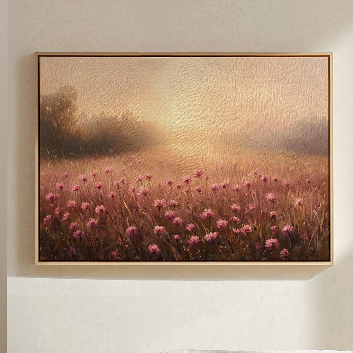 Sunrise Over a Pink Wildflower Meadow Romantic Floral Art Poster