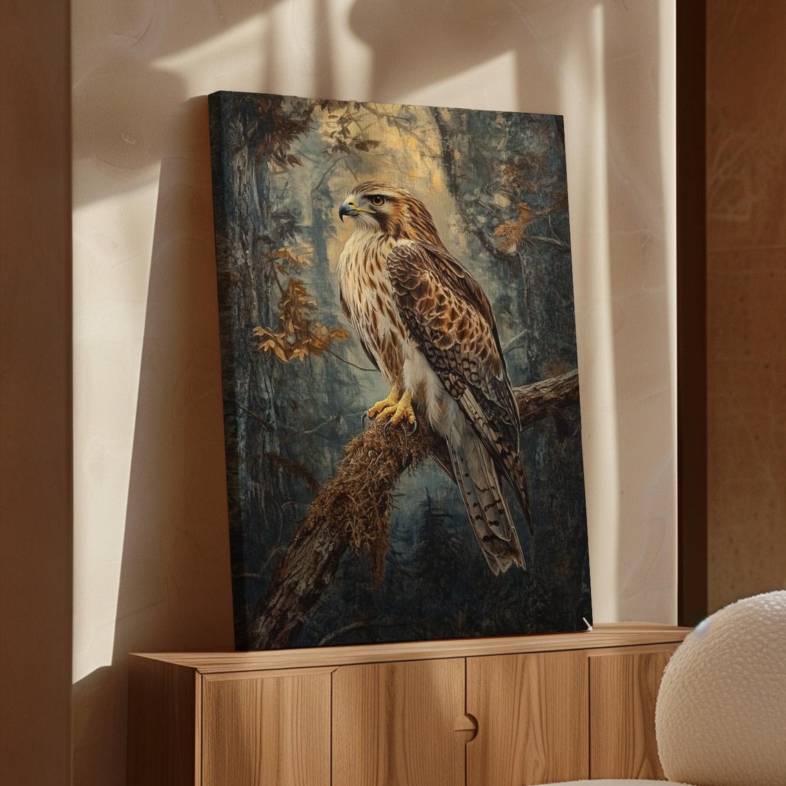 Hawk Perched on Branch in Misty Autumn Forest Wildlife Art Poster