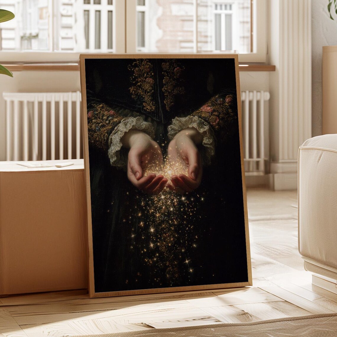 Hands Holding Golden Starlight Dark Elegant Fantasy Art Poster
