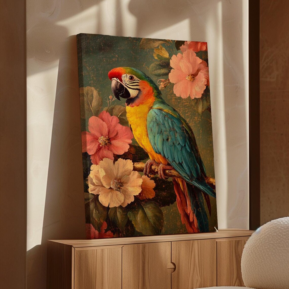 Tropical Parrot Art, Vibrant Macaw With Hibiscus Flowers