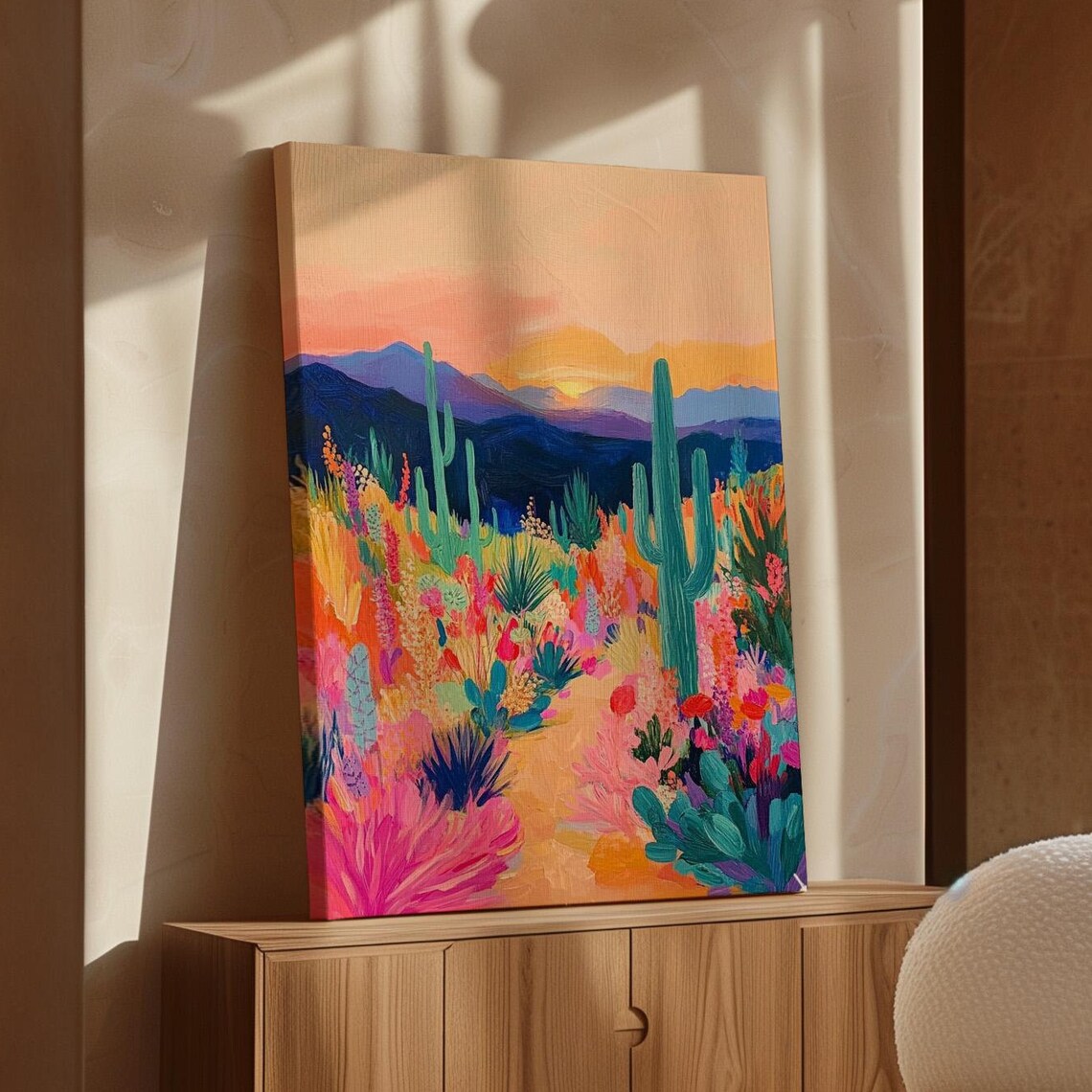 Colorful Desert Wildflower Landscape Saguaro Cactus Sunset Poster
