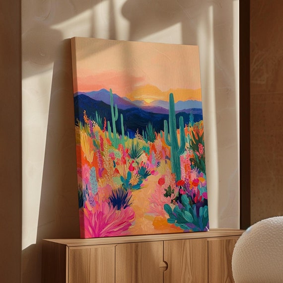 Colorful Desert Cactus Landscape Art Vibrant Southwest Scene With Flowers And Mountains Perfect For Bright And Bold Home Decor