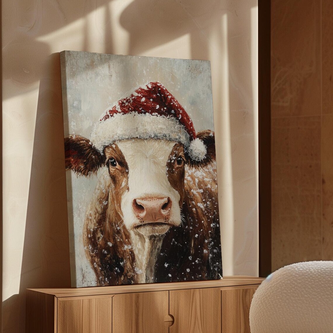Cute Cow Wearing a Snowy Santa Hat in a Cozy Christmas Animal Poster