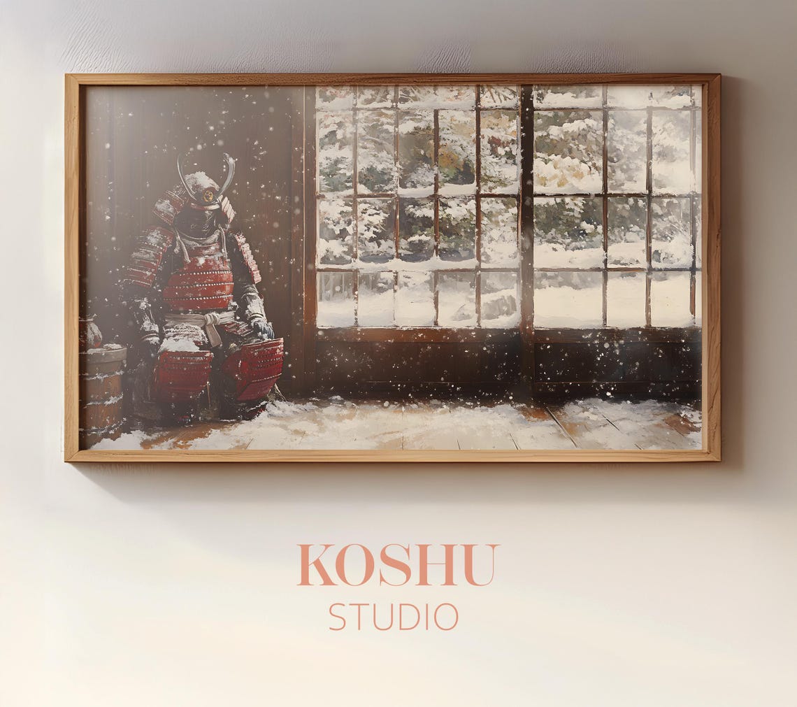 Samurai Armor Before a Snowy Garden Window Japanese Art Poster