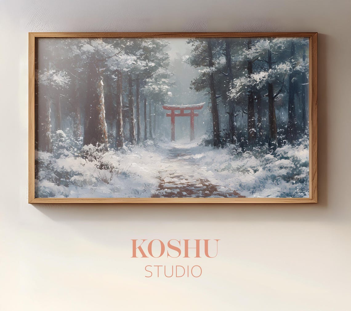 Red Torii Gate on a Snowy Path Through Tall Winter Forest Poster