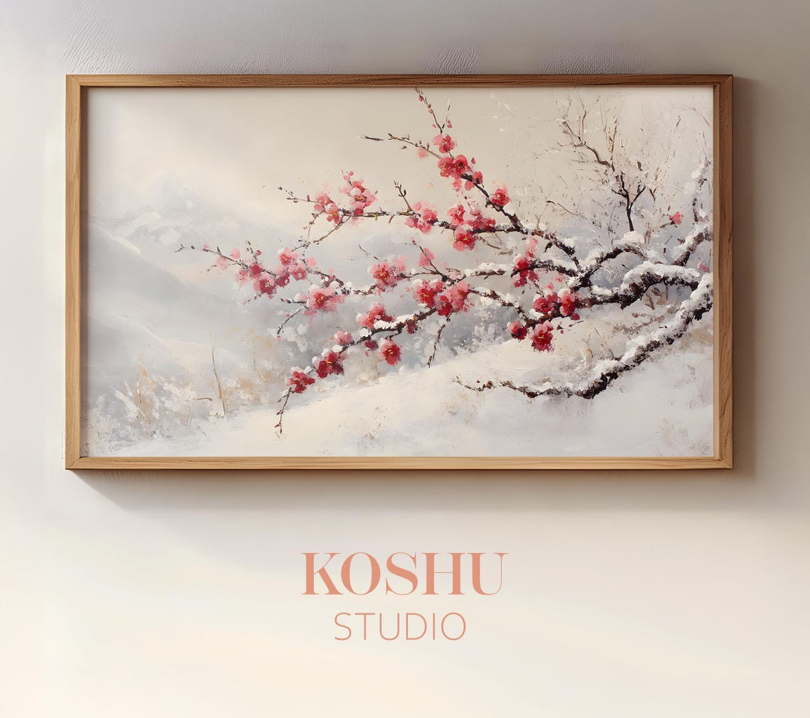 Red Cherry Blossom Branch Blooming in Fresh Snow Winter Poster