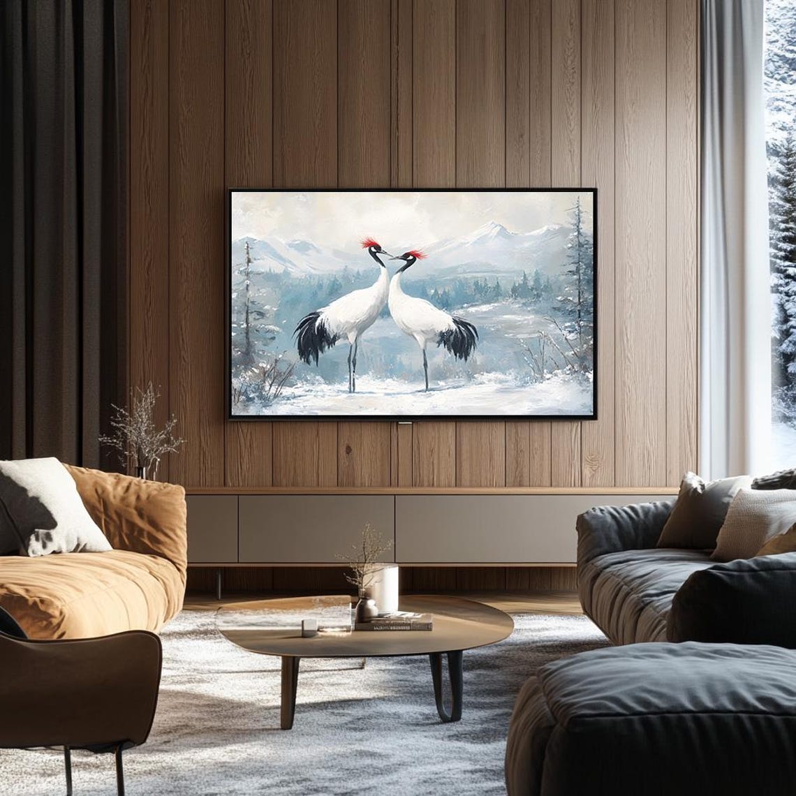 Red Crowned Crane Pair in Snowy Mountains Japanese Wildlife Poster - Image 3