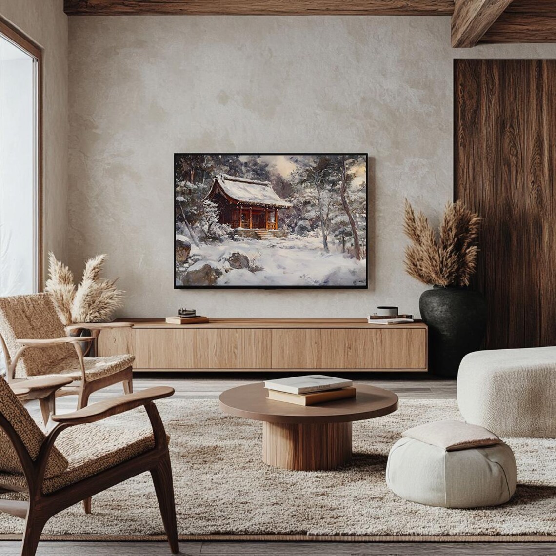 Snow Covered Shrine in a Winter Forest Japanese Oil Painting Poster - Image 4