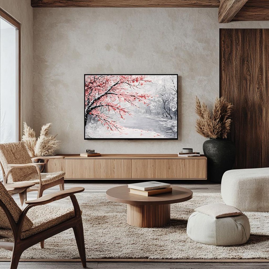Cherry Blossom Branch Over a Snowy River Japanese Art Poster - Image 4