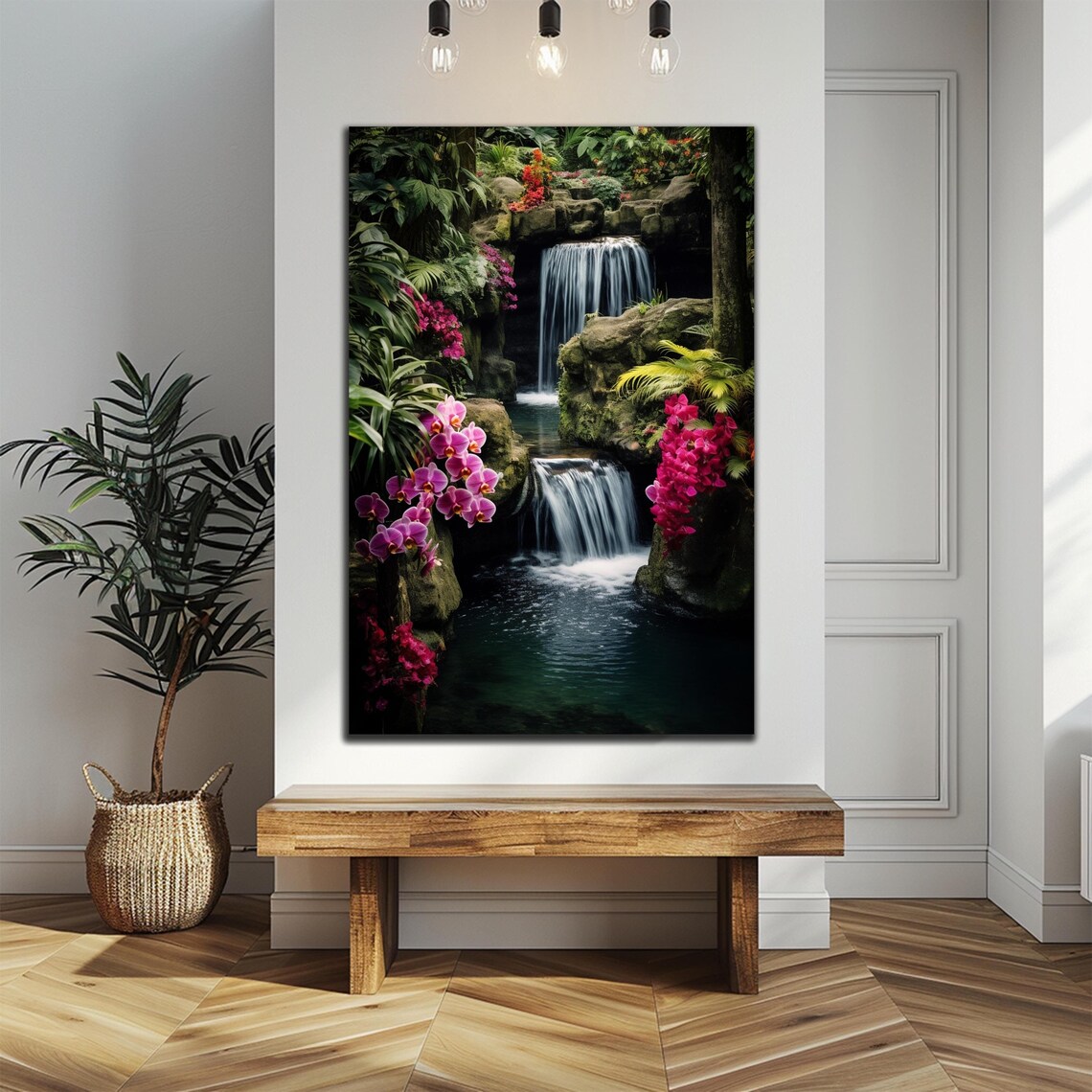 Waterfall and Pink Orchid Forest Wall Art Print