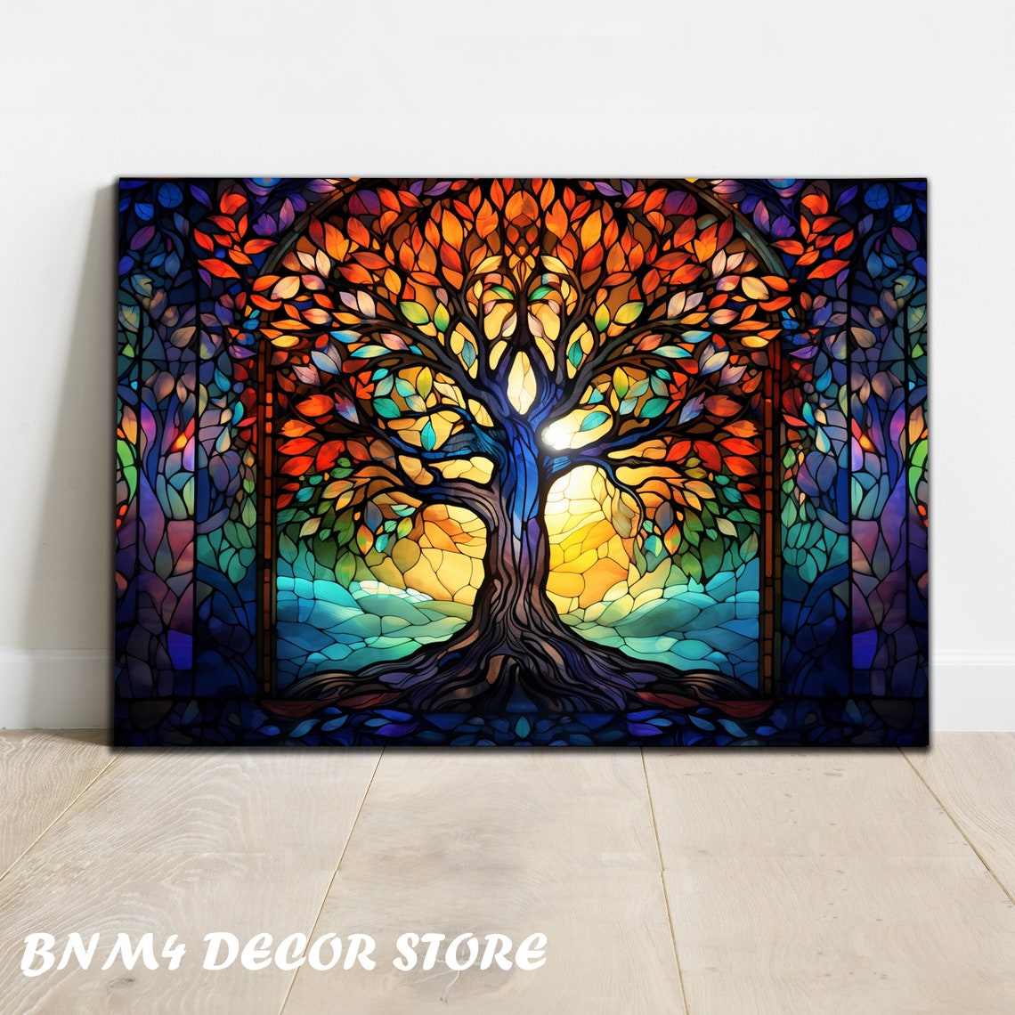 Sunset Tree Of Life Stained Glass Window Orange Blue Wall Art