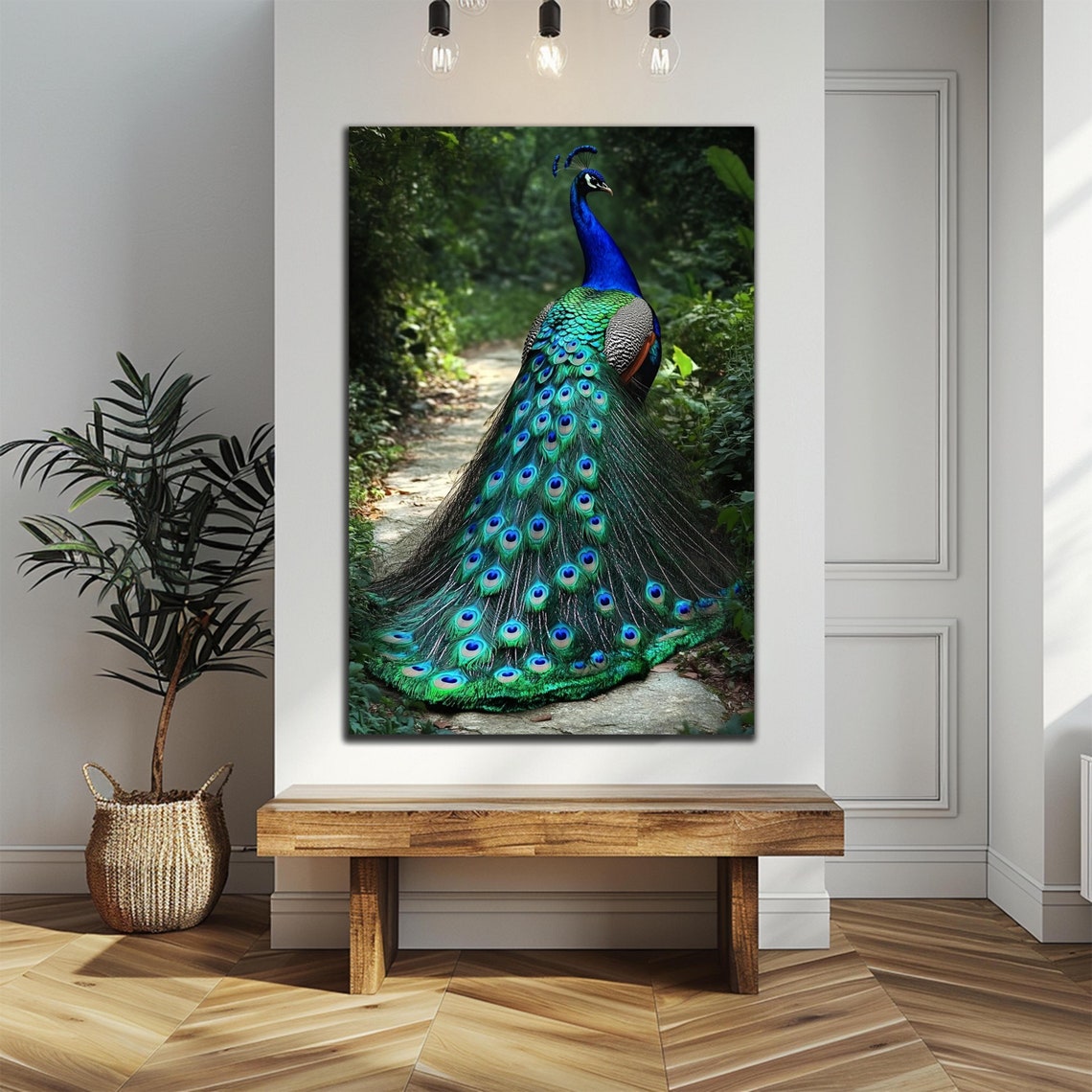 Peacock Trailing Tail Feathers Garden Path Elegant Bird Wall Art
