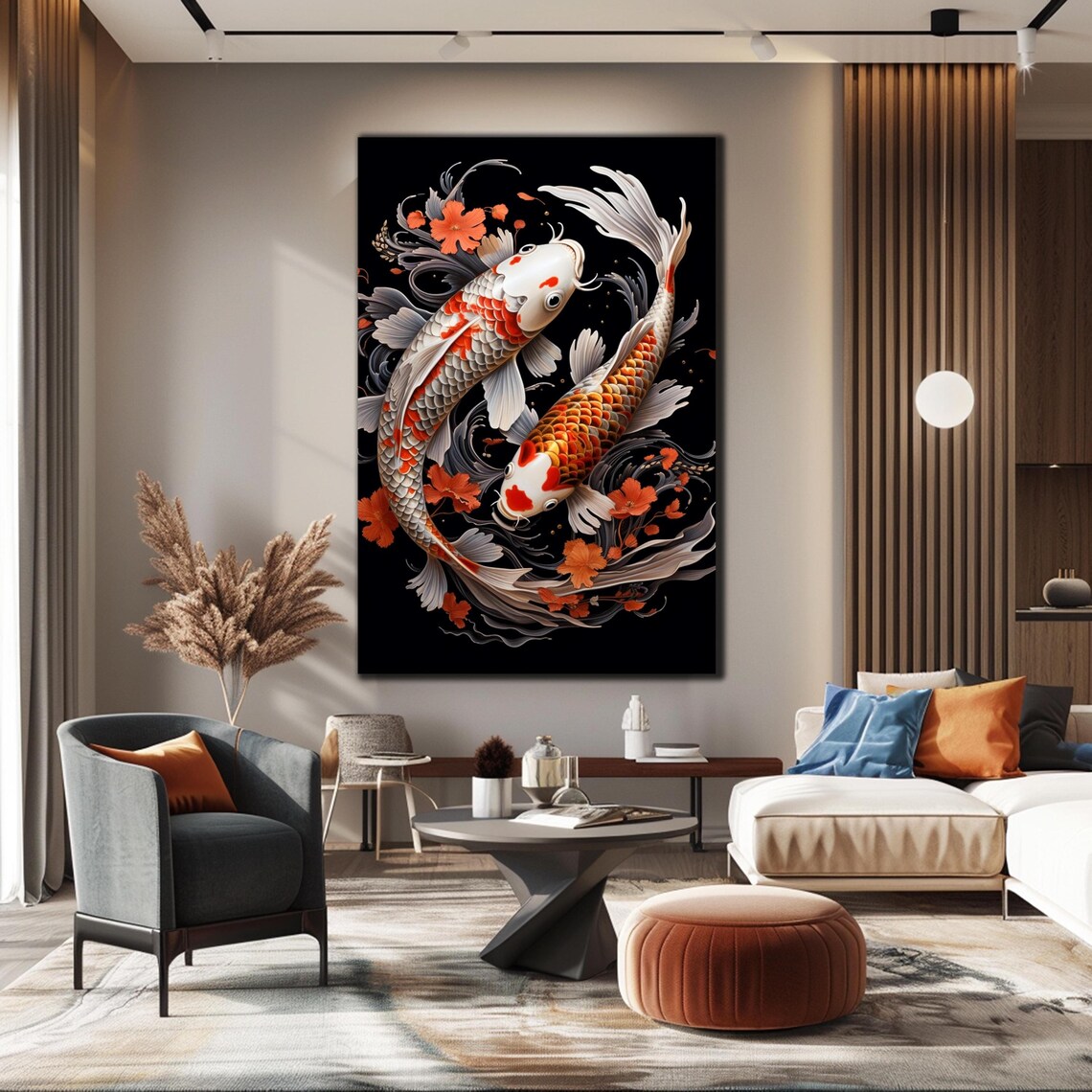 Koi Fish Tempered Glass Art, Japanese Animal Decor